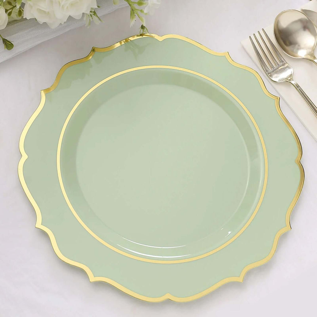10 - Pack Plastic 10" Round Dinner Plates in Sage Green with Gold Scalloped Rim - Disposable Party Plates - Bell Racket Store