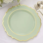 10 - Pack Plastic 10" Round Dinner Plates in Sage Green with Gold Scalloped Rim - Disposable Party Plates - Bell Racket Store