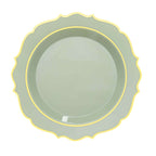 10 - Pack Plastic 10" Round Dinner Plates in Sage Green with Gold Scalloped Rim - Disposable Party Plates - Bell Racket Store