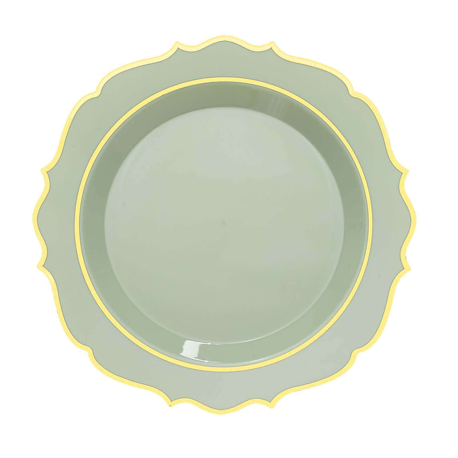 10 - Pack Plastic 10" Round Dinner Plates in Sage Green with Gold Scalloped Rim - Disposable Party Plates - Bell Racket Store