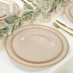 10 - Pack Plastic 10" Round Dinner Plates in Taupe with Gold Beaded Rim - Disposable Party Plates for Banquets & Festive Occasions - Bell Racket Store