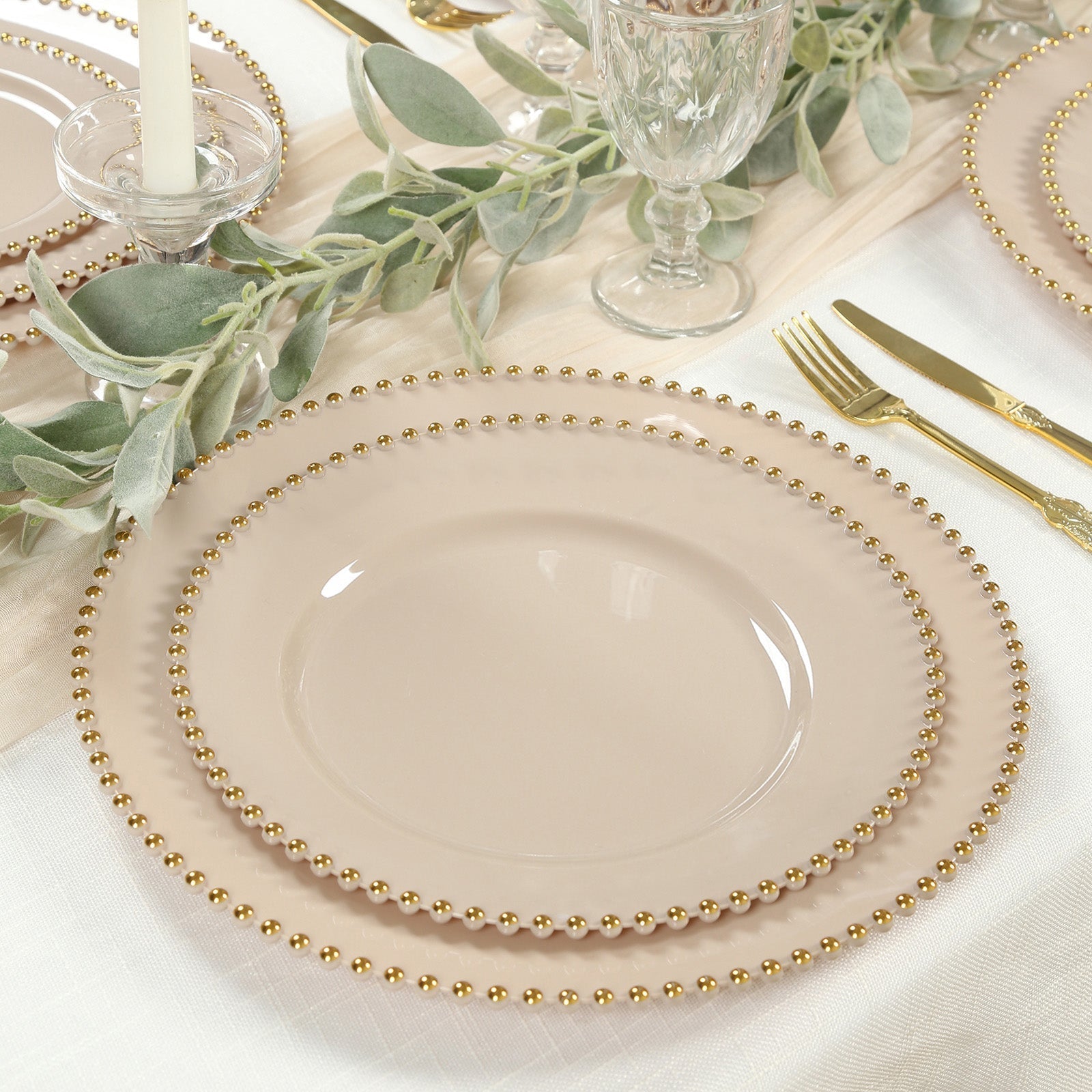 10 - Pack Plastic 10" Round Dinner Plates in Taupe with Gold Beaded Rim - Disposable Party Plates for Banquets & Festive Occasions - Bell Racket Store