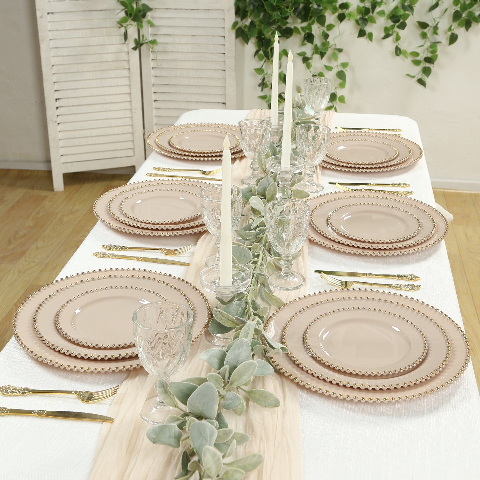 10 - Pack Plastic 10" Round Dinner Plates in Taupe with Gold Beaded Rim - Disposable Party Plates for Banquets & Festive Occasions - Bell Racket Store