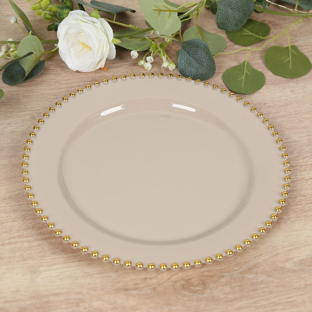 10 - Pack Plastic 10" Round Dinner Plates in Taupe with Gold Beaded Rim - Disposable Party Plates for Banquets & Festive Occasions - Bell Racket Store