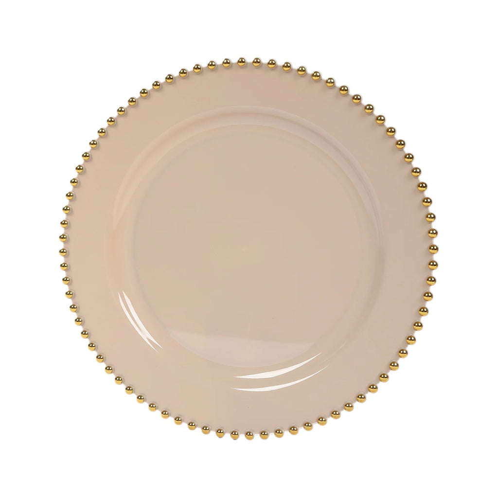 10 - Pack Plastic 10" Round Dinner Plates in Taupe with Gold Beaded Rim - Disposable Party Plates for Banquets & Festive Occasions - Bell Racket Store