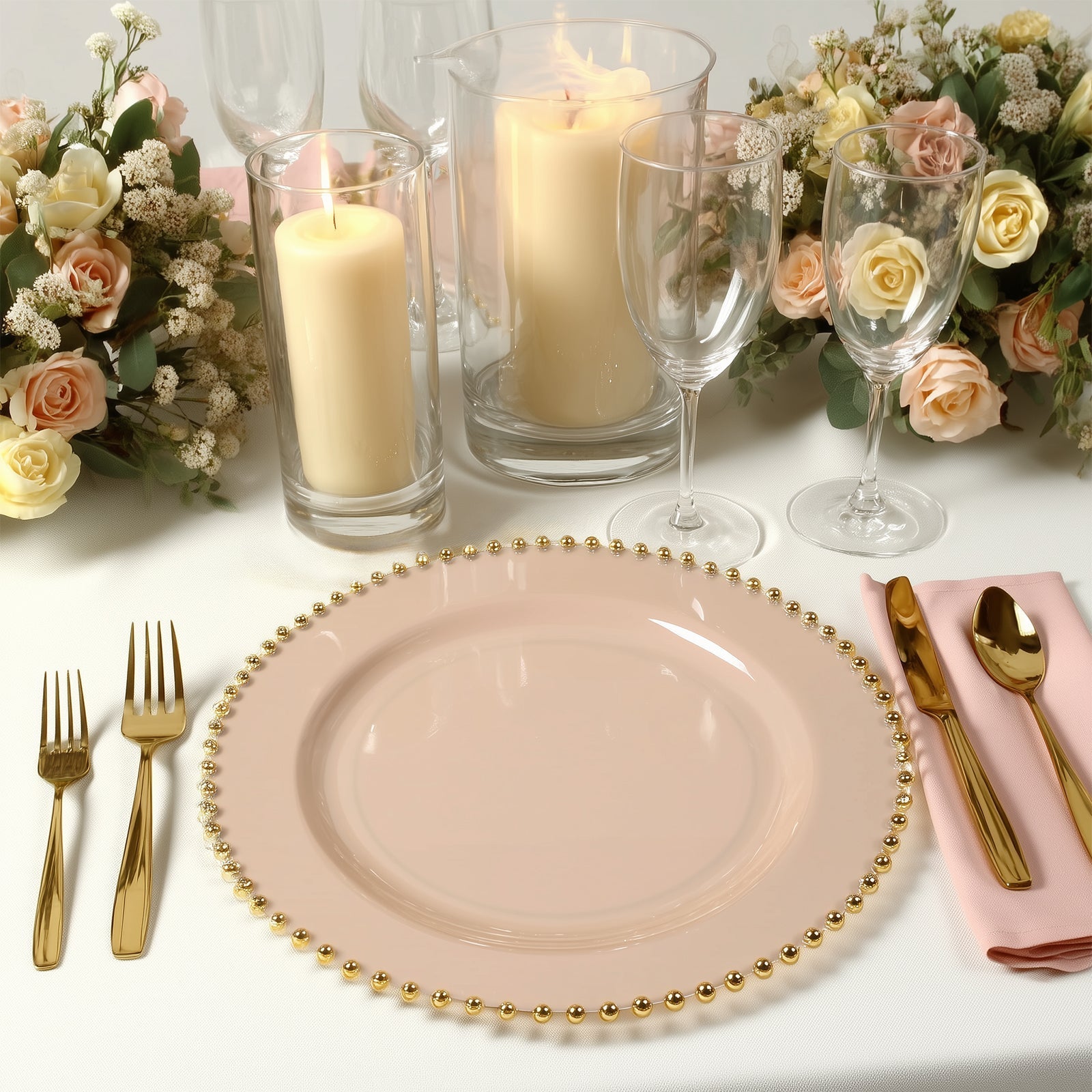 10 - Pack Plastic 10" Round Dinner Plates in Taupe with Gold Beaded Rim - Disposable Party Plates for Banquets & Festive Occasions - Bell Racket Store