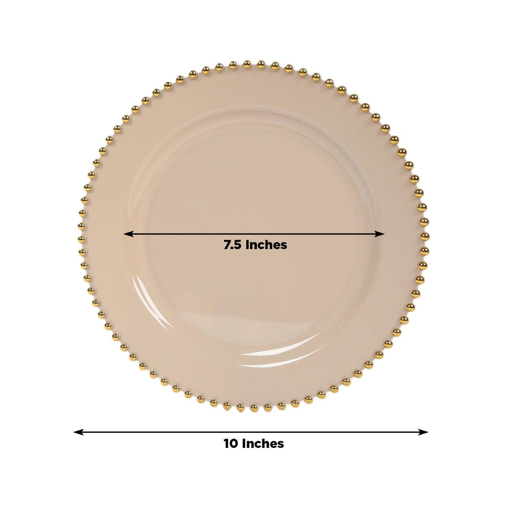 10 - Pack Plastic 10" Round Dinner Plates in Taupe with Gold Beaded Rim - Disposable Party Plates for Banquets & Festive Occasions - Bell Racket Store