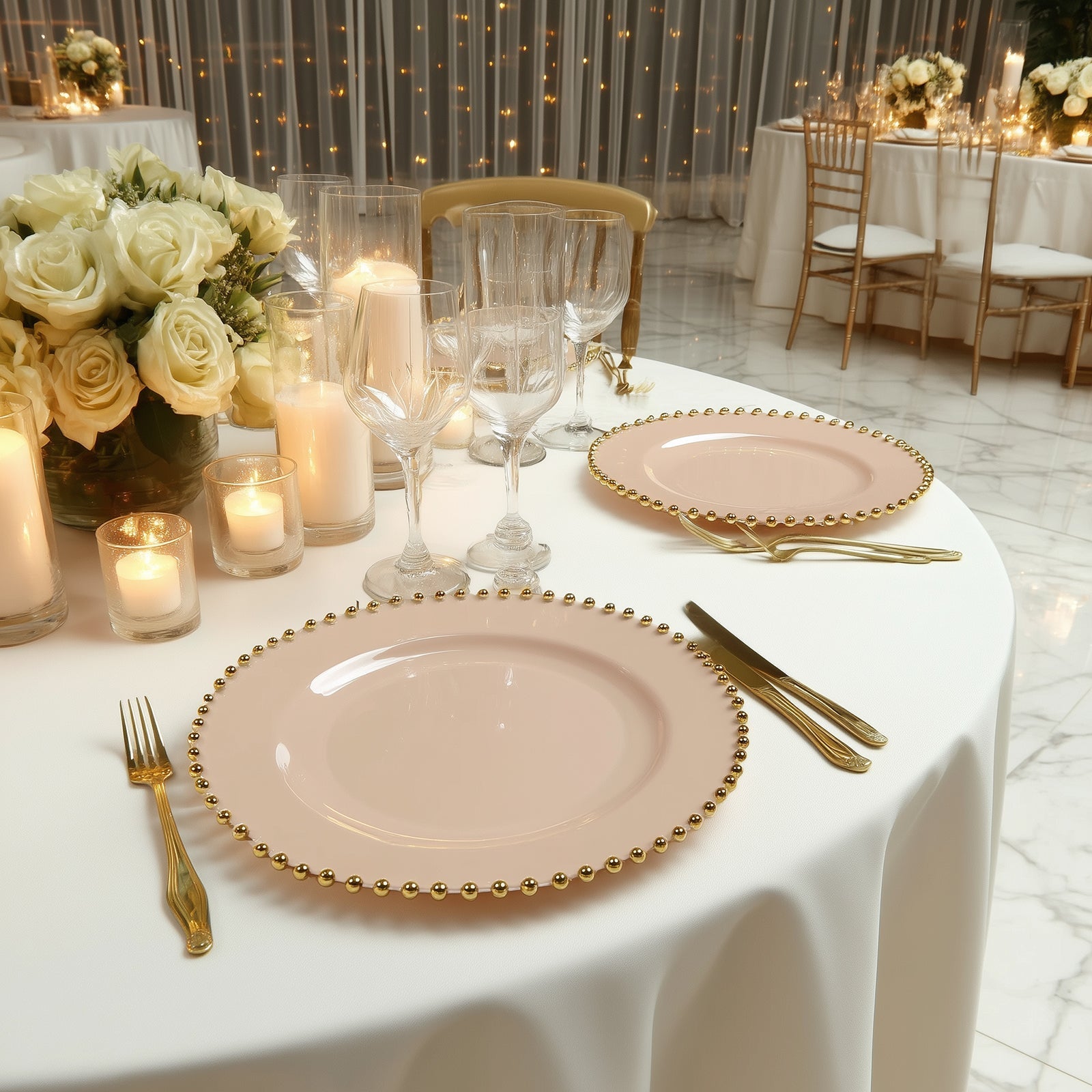 10 - Pack Plastic 10" Round Dinner Plates in Taupe with Gold Beaded Rim - Disposable Party Plates for Banquets & Festive Occasions - Bell Racket Store