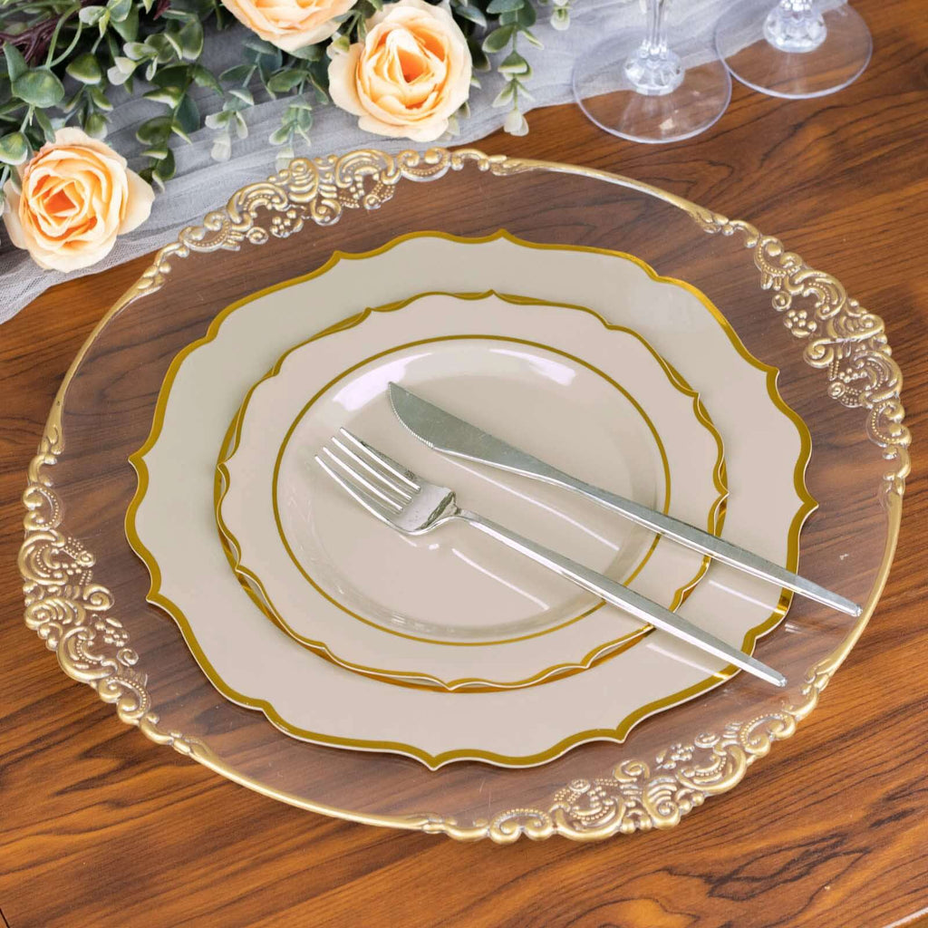 10 - Pack Plastic 10" Round Dinner Plates in Taupe with Gold Scalloped Rim - Disposable Party Plates - Bell Racket Store