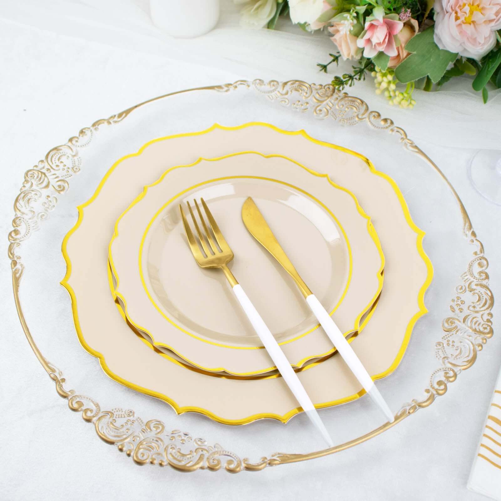 10 - Pack Plastic 10" Round Dinner Plates in Taupe with Gold Scalloped Rim - Disposable Party Plates - Bell Racket Store
