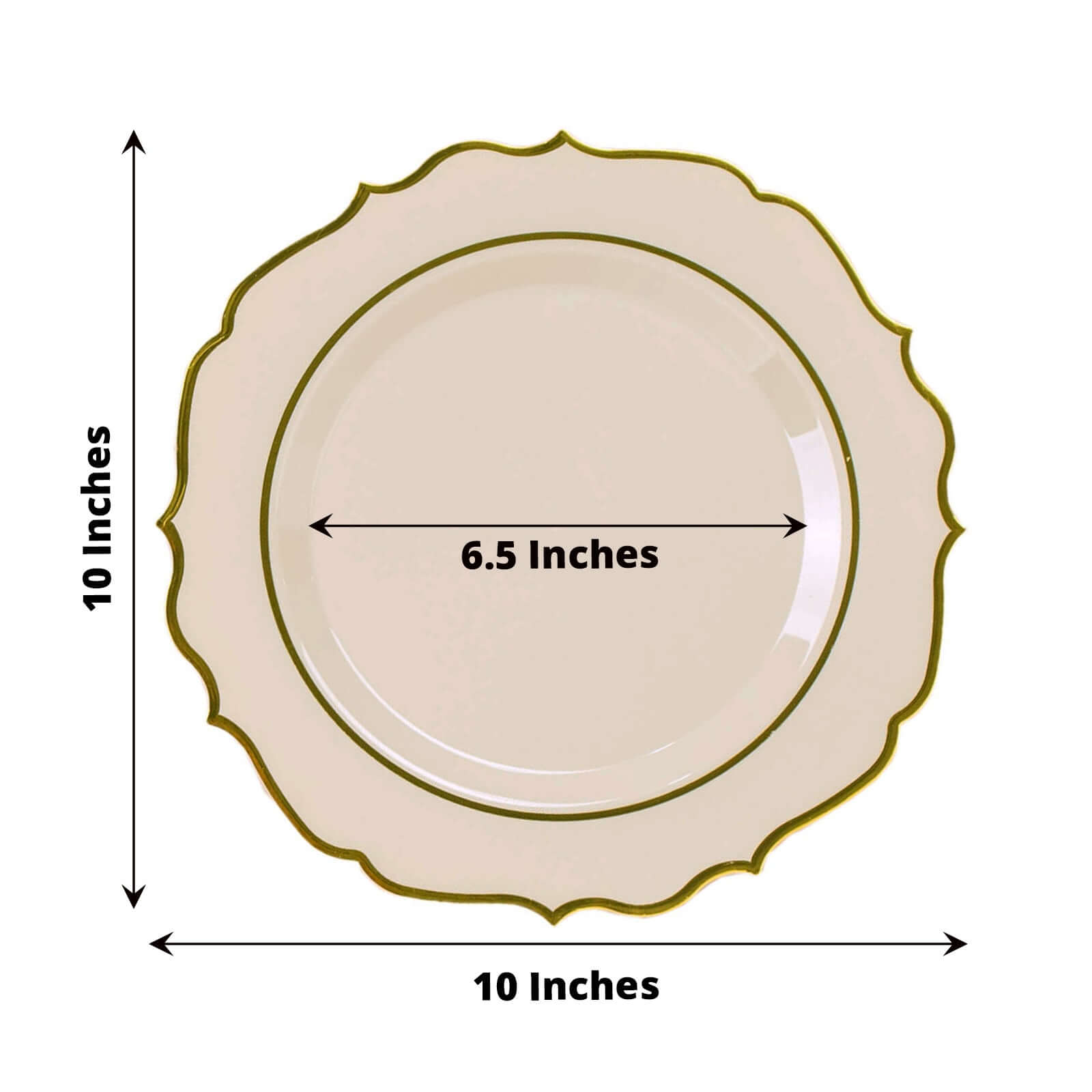 10 - Pack Plastic 10" Round Dinner Plates in Taupe with Gold Scalloped Rim - Disposable Party Plates - Bell Racket Store