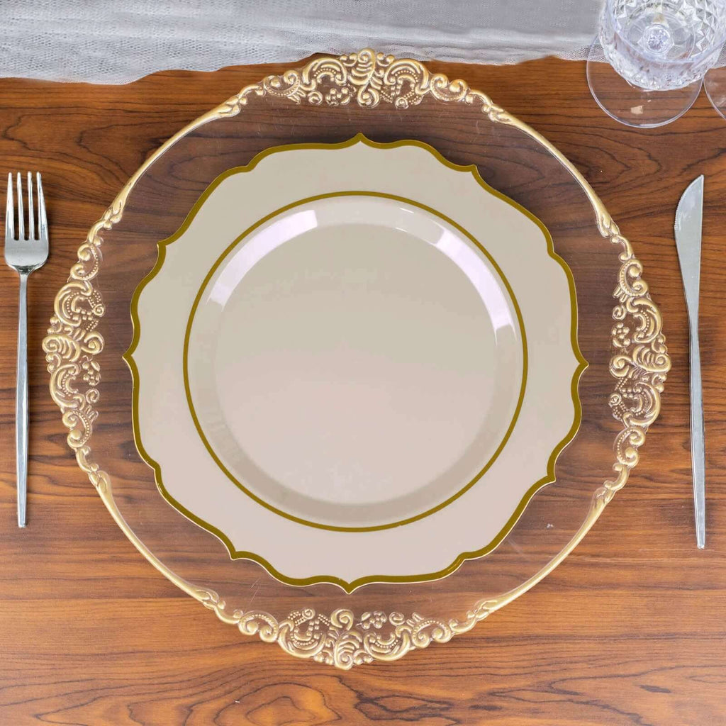 10 - Pack Plastic 10" Round Dinner Plates in Taupe with Gold Scalloped Rim - Disposable Party Plates - Bell Racket Store
