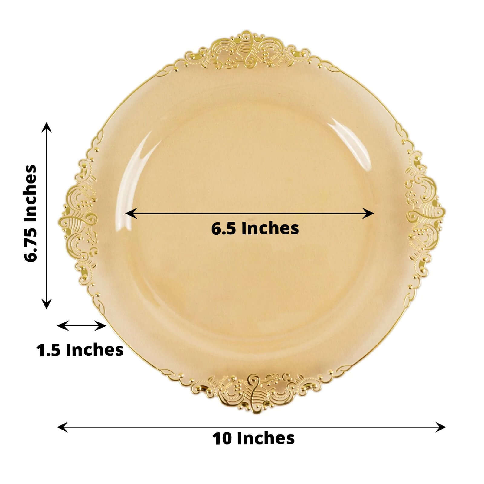 10 - Pack Plastic 10" Round Dinner Plates in Transparent Amber Gold with Gold Leaf Embossed Rim - Disposable Vintage Baroque Style Plates - Bell Racket Store