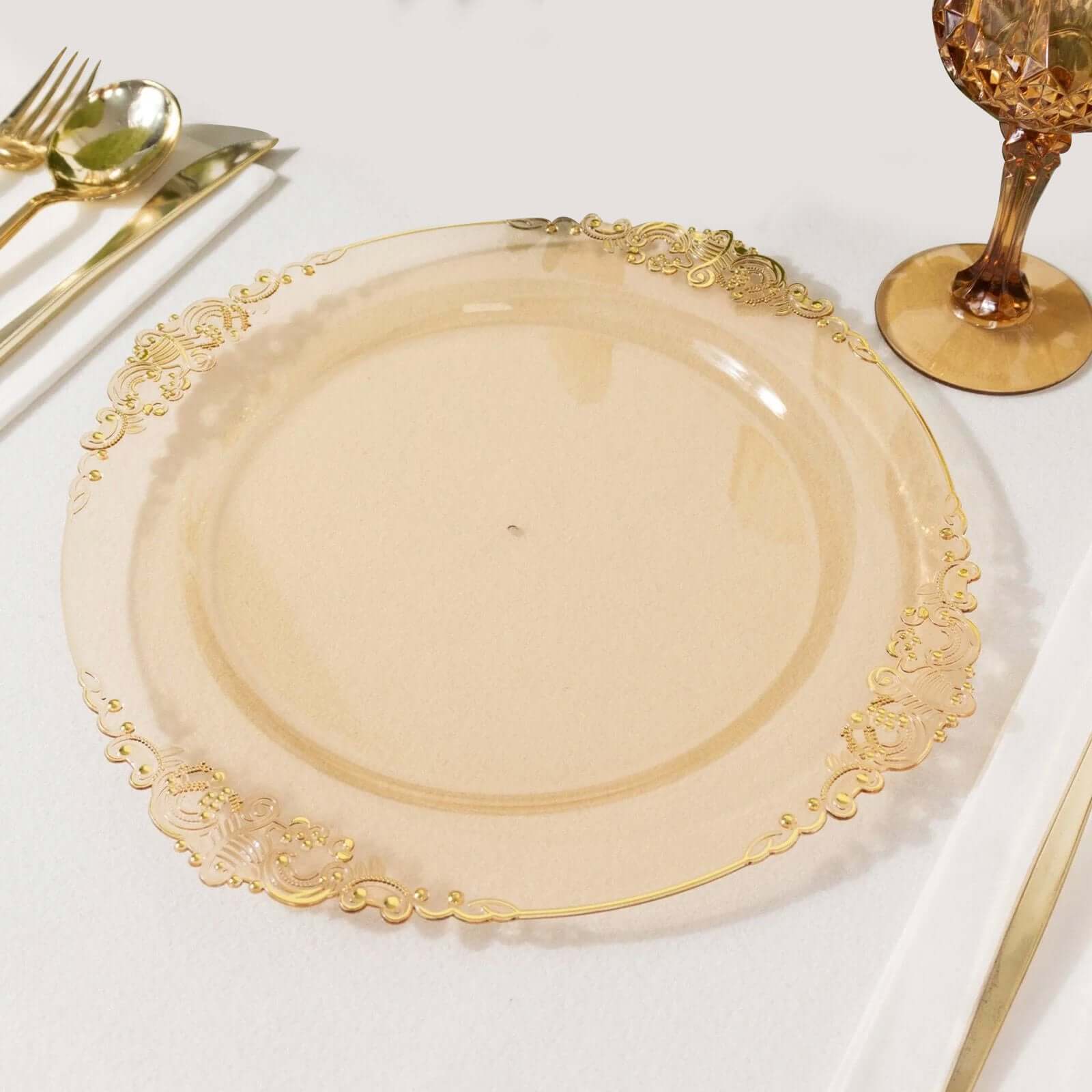 10 - Pack Plastic 10" Round Dinner Plates in Transparent Amber Gold with Gold Leaf Embossed Rim - Disposable Vintage Baroque Style Plates - Bell Racket Store