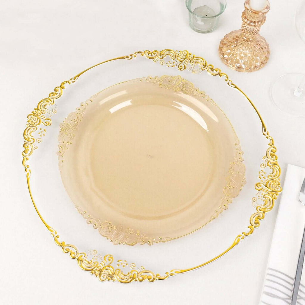 10 - Pack Plastic 10" Round Dinner Plates in Transparent Amber Gold with Gold Leaf Embossed Rim - Disposable Vintage Baroque Style Plates - Bell Racket Store