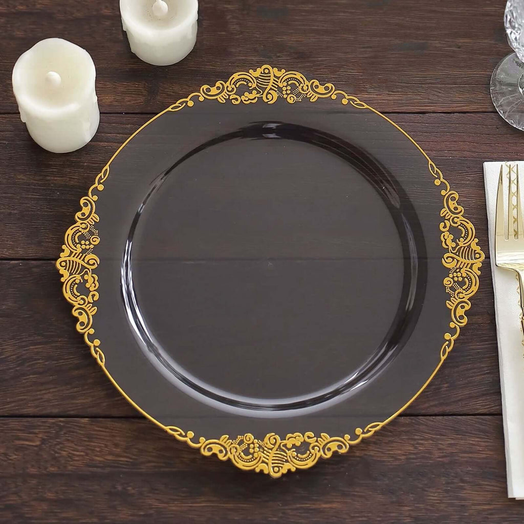 10 - Pack Plastic 10" Round Dinner Plates in Transparent Black with Gold Leaf Embossed Rim - Disposable Vintage Baroque Style Plates - Bell Racket Store