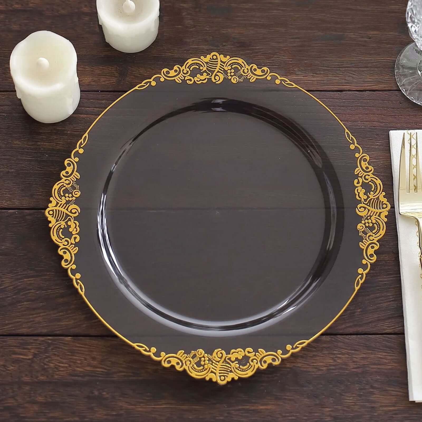 10 - Pack Plastic 10" Round Dinner Plates in Transparent Black with Gold Leaf Embossed Rim - Disposable Vintage Baroque Style Plates - Bell Racket Store