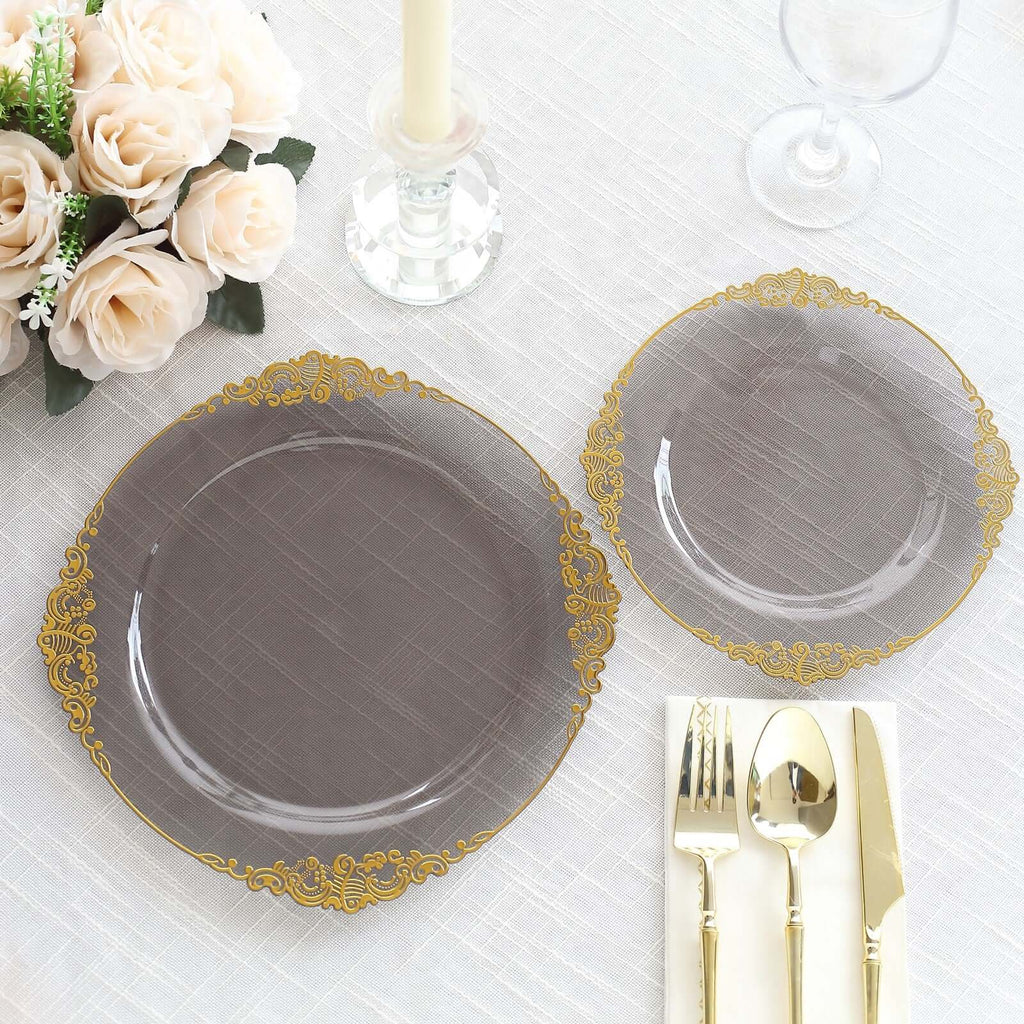 10 - Pack Plastic 10" Round Dinner Plates in Transparent Black with Gold Leaf Embossed Rim - Disposable Vintage Baroque Style Plates - Bell Racket Store