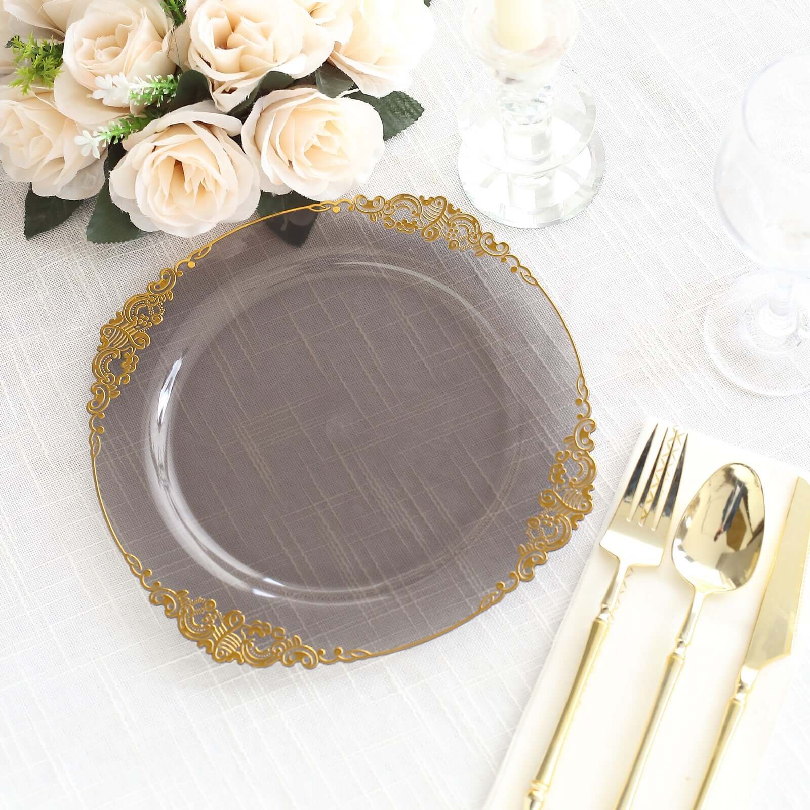 10 - Pack Plastic 10" Round Dinner Plates in Transparent Black with Gold Leaf Embossed Rim - Disposable Vintage Baroque Style Plates - Bell Racket Store