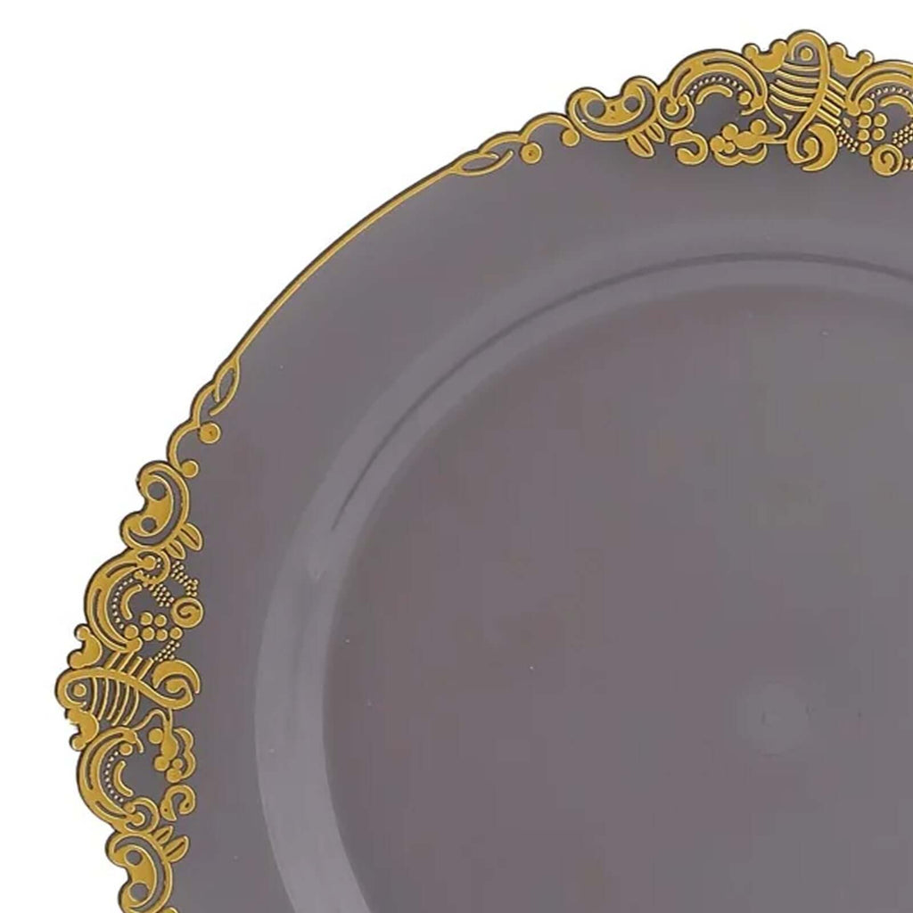 10 - Pack Plastic 10" Round Dinner Plates in Transparent Black with Gold Leaf Embossed Rim - Disposable Vintage Baroque Style Plates - Bell Racket Store