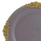 10 - Pack Plastic 10" Round Dinner Plates in Transparent Black with Gold Leaf Embossed Rim - Disposable Vintage Baroque Style Plates - Bell Racket Store