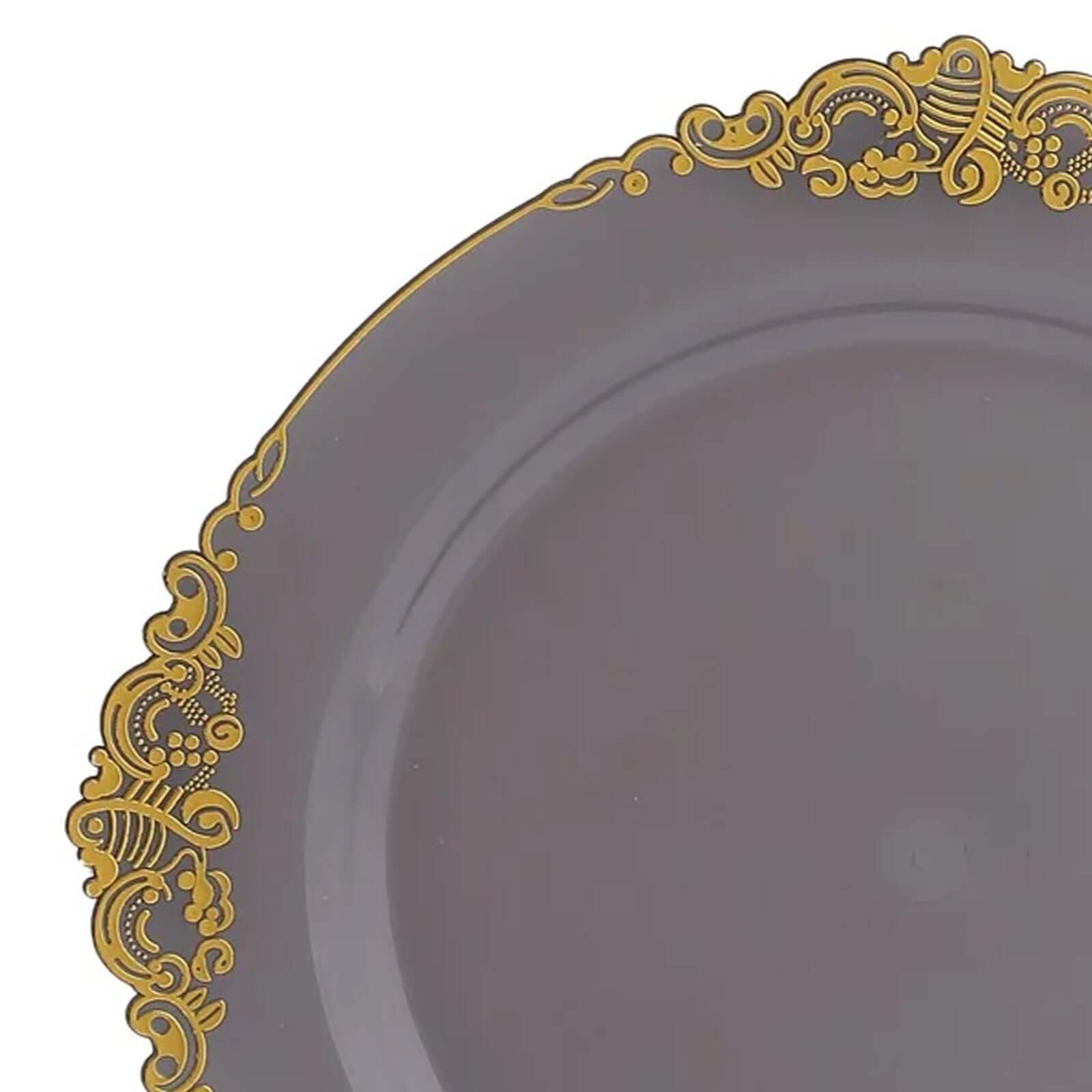 10 - Pack Plastic 10" Round Dinner Plates in Transparent Black with Gold Leaf Embossed Rim - Disposable Vintage Baroque Style Plates - Bell Racket Store