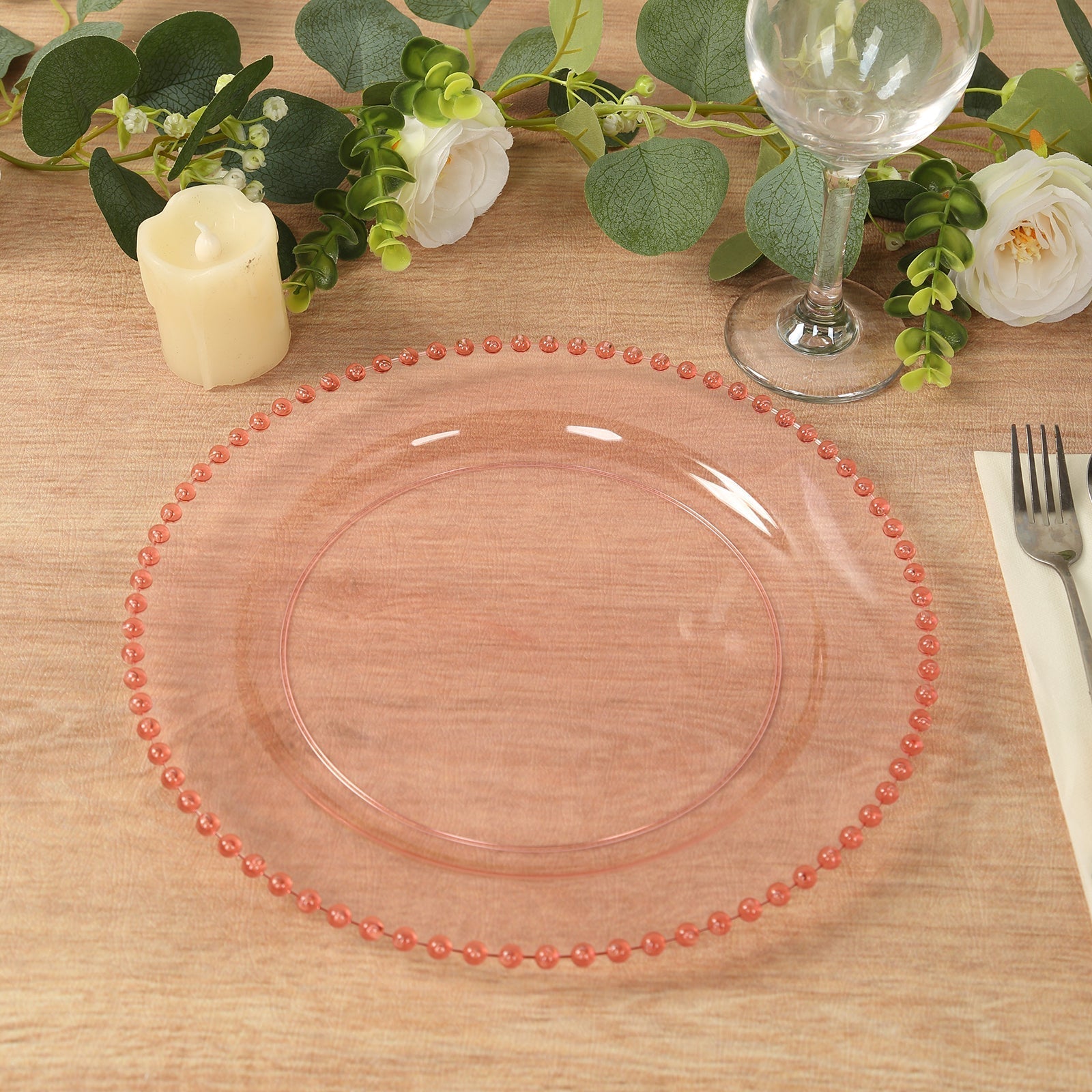 10 - Pack Plastic 10" Round Dinner Plates in Transparent Blush with Beaded Rim - Disposable Party Plates for Banquets & Festive Occasions - Bell Racket Store