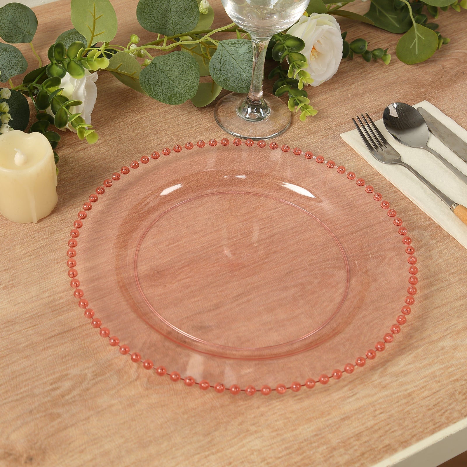 10 - Pack Plastic 10" Round Dinner Plates in Transparent Blush with Beaded Rim - Disposable Party Plates for Banquets & Festive Occasions - Bell Racket Store
