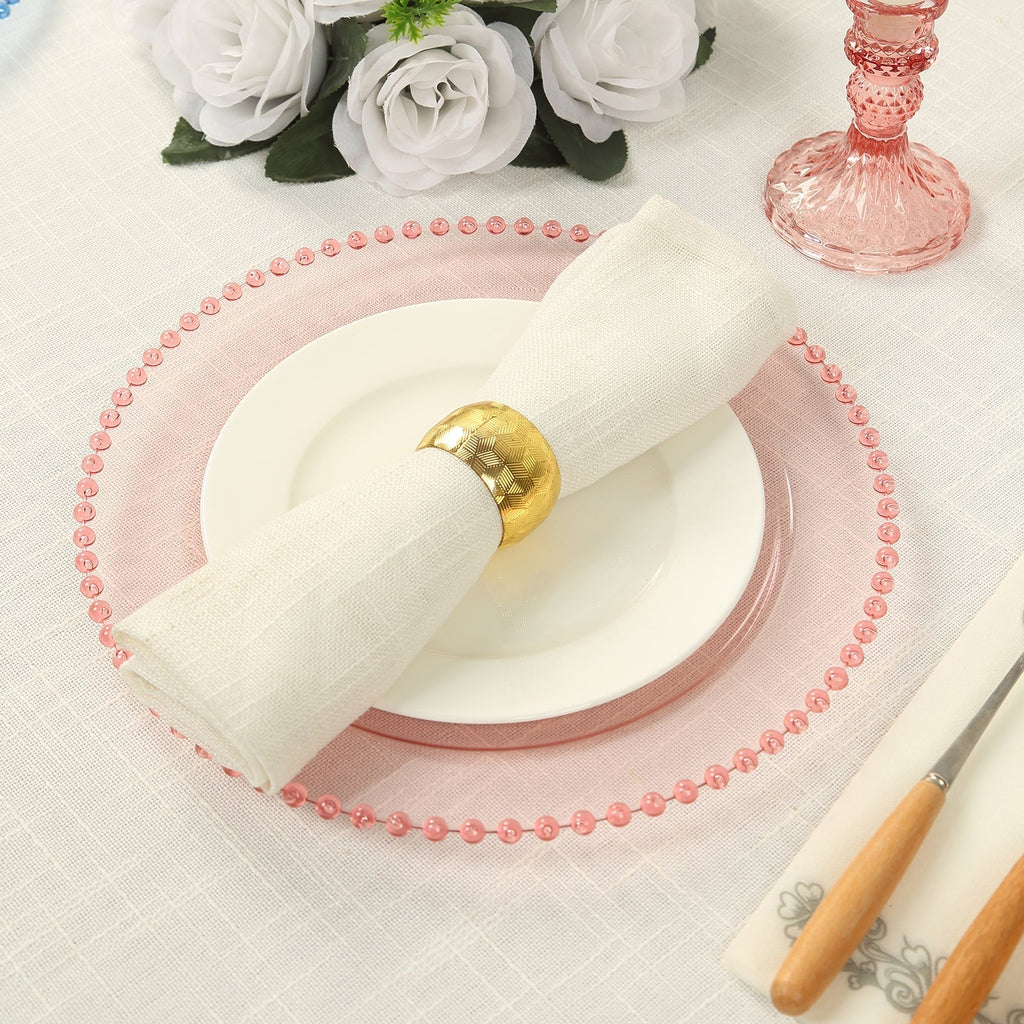 10 - Pack Plastic 10" Round Dinner Plates in Transparent Blush with Beaded Rim - Disposable Party Plates for Banquets & Festive Occasions - Bell Racket Store