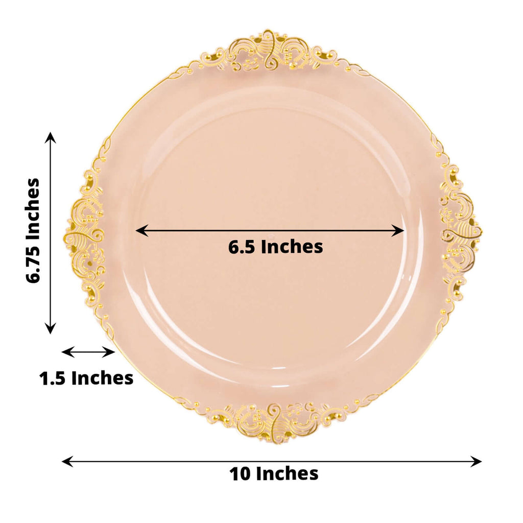10 - Pack Plastic 10" Round Dinner Plates in Transparent Blush with Gold Leaf Embossed Rim - Disposable Vintage Baroque Style Plates - Bell Racket Store
