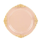 10 - Pack Plastic 10" Round Dinner Plates in Transparent Blush with Gold Leaf Embossed Rim - Disposable Vintage Baroque Style Plates - Bell Racket Store