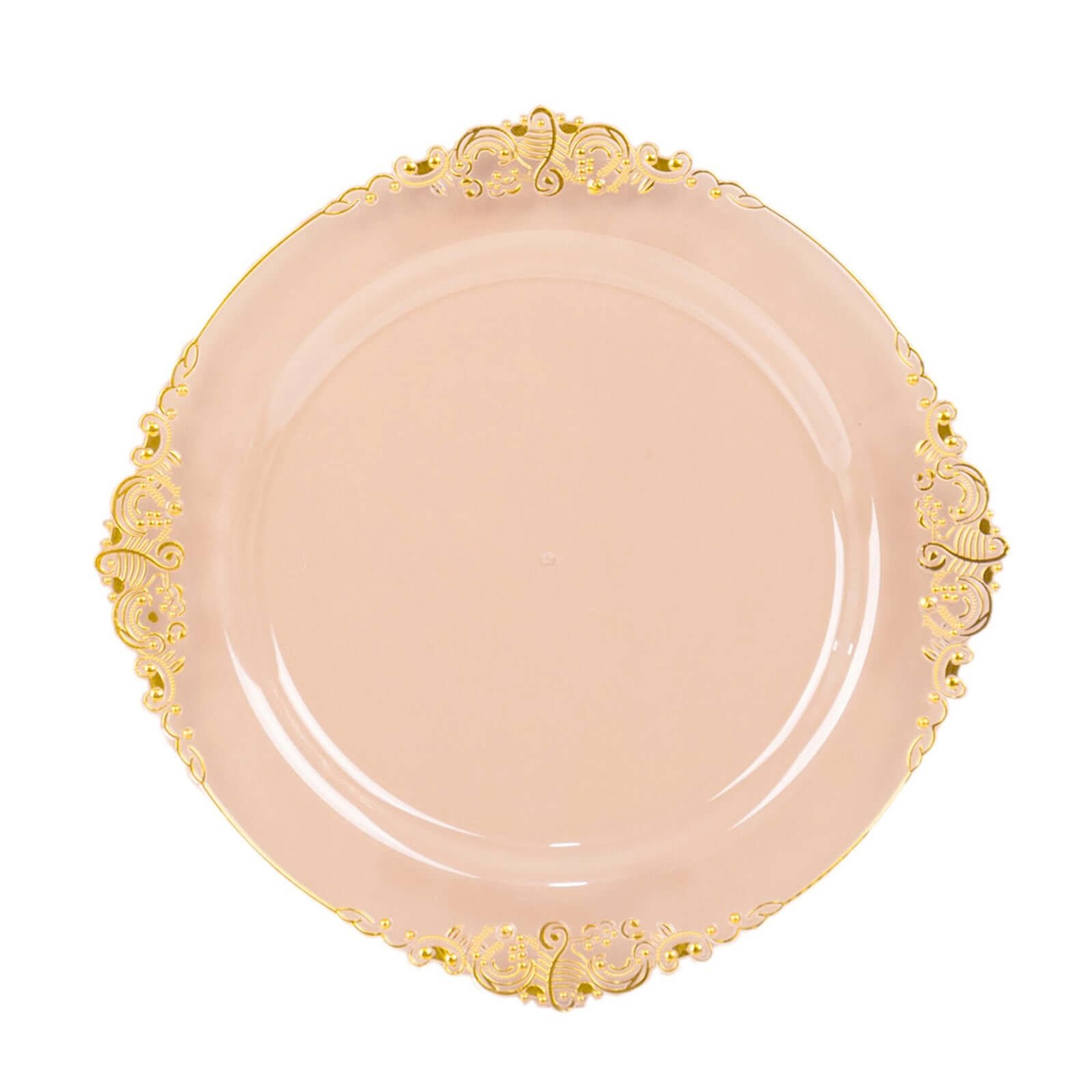 10 - Pack Plastic 10" Round Dinner Plates in Transparent Blush with Gold Leaf Embossed Rim - Disposable Vintage Baroque Style Plates - Bell Racket Store