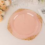 10 - Pack Plastic 10" Round Dinner Plates in Transparent Blush with Gold Leaf Embossed Rim - Disposable Vintage Baroque Style Plates - Bell Racket Store
