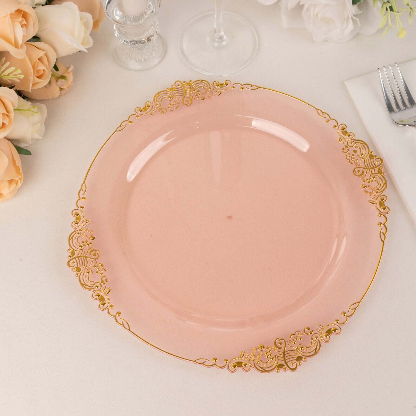 10 - Pack Plastic 10" Round Dinner Plates in Transparent Blush with Gold Leaf Embossed Rim - Disposable Vintage Baroque Style Plates - Bell Racket Store