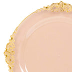 10 - Pack Plastic 10" Round Dinner Plates in Transparent Blush with Gold Leaf Embossed Rim - Disposable Vintage Baroque Style Plates - Bell Racket Store