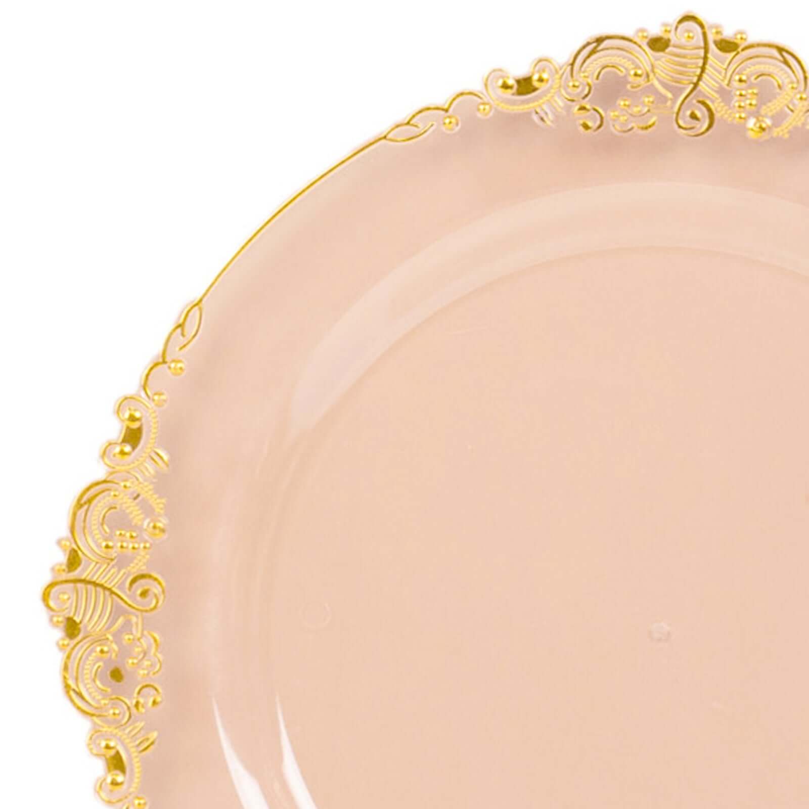 10 - Pack Plastic 10" Round Dinner Plates in Transparent Blush with Gold Leaf Embossed Rim - Disposable Vintage Baroque Style Plates - Bell Racket Store