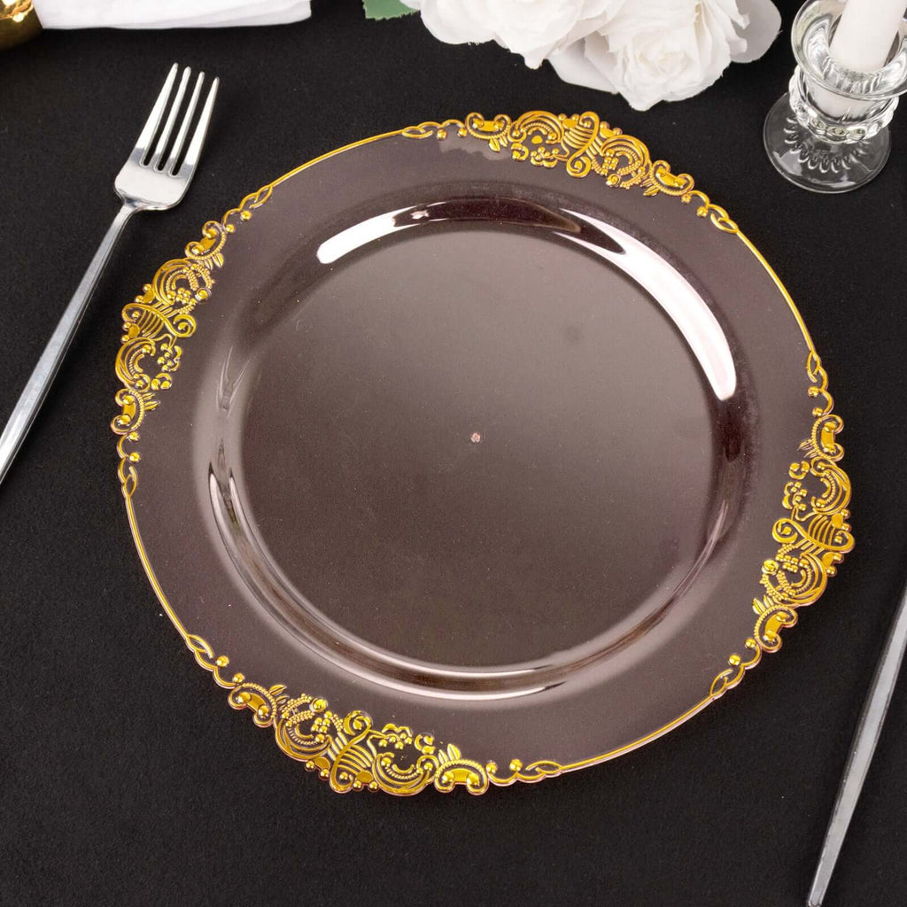 10 - Pack Plastic 10" Round Dinner Plates in Transparent Blush with Gold Leaf Embossed Rim - Disposable Vintage Baroque Style Plates - Bell Racket Store