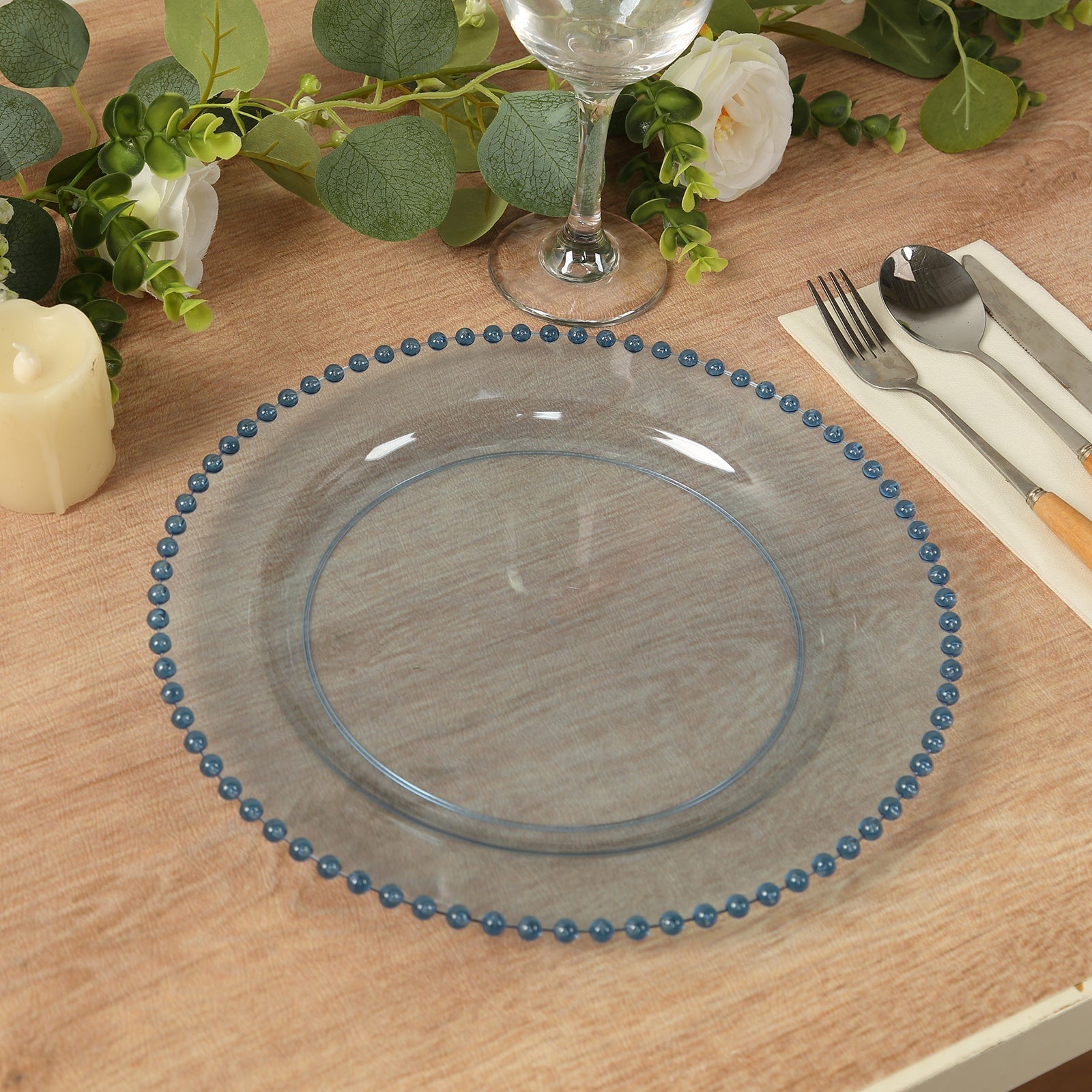 10 - Pack Plastic 10" Round Dinner Plates in Transparent Dusty Blue with Beaded Rim - Disposable Party Plates for Banquets & Festive Occasions - Bell Racket Store