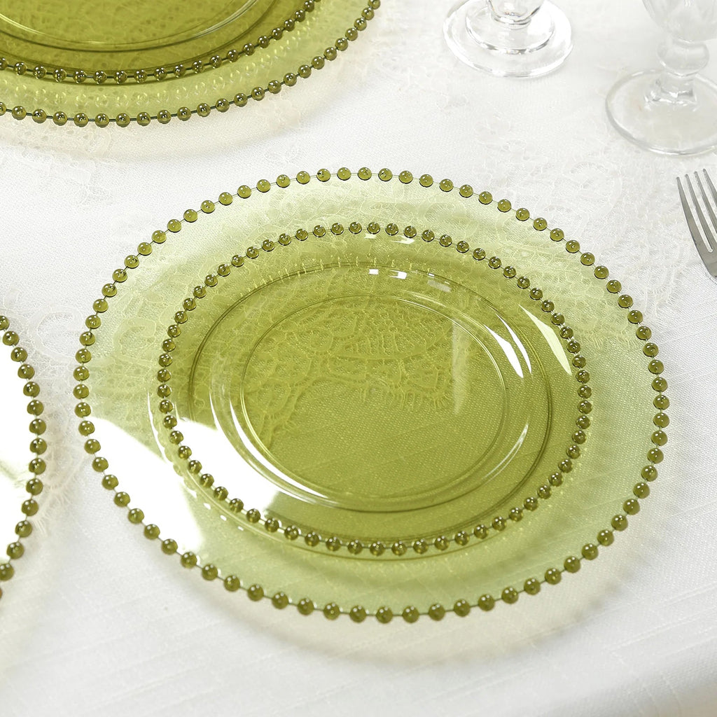 10 - Pack Plastic 10" Round Dinner Plates in Transparent Dusty Sage Green with Beaded Rim - Disposable Party Plates for Banquets & Festive Occasions - Bell Racket Store