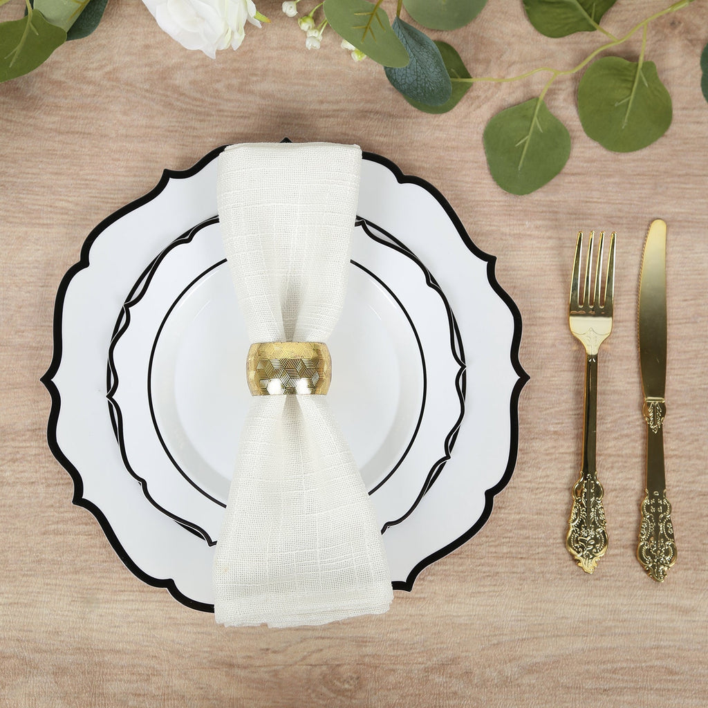 10 - Pack Plastic 10" Round Dinner Plates in White with Black Scalloped Rim - Disposable Party Plates - Bell Racket Store