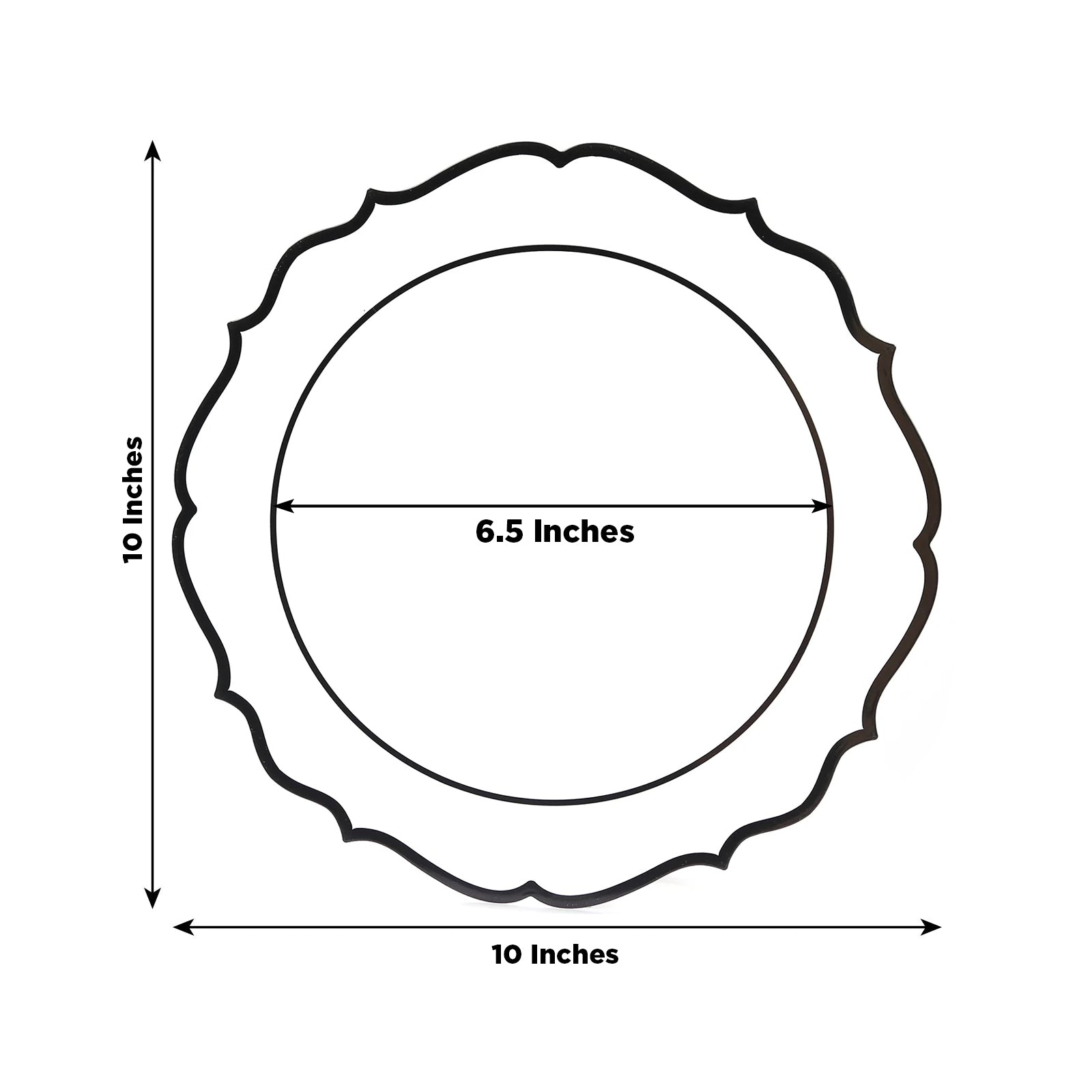 10 - Pack Plastic 10" Round Dinner Plates in White with Black Scalloped Rim - Disposable Party Plates - Bell Racket Store