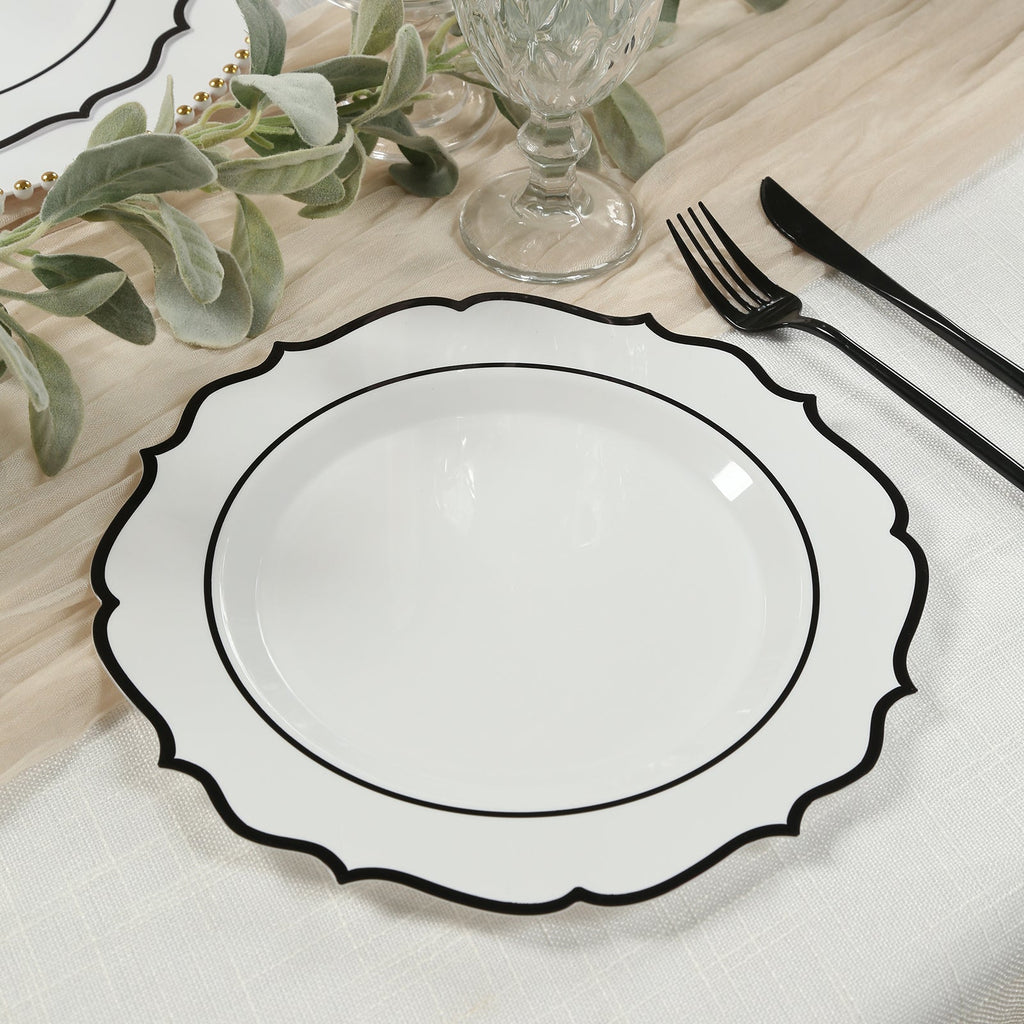 10 - Pack Plastic 10" Round Dinner Plates in White with Black Scalloped Rim - Disposable Party Plates - Bell Racket Store