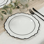 10 - Pack Plastic 10" Round Dinner Plates in White with Black Scalloped Rim - Disposable Party Plates - Bell Racket Store