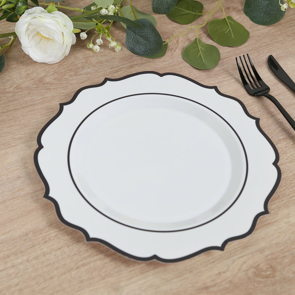 10 - Pack Plastic 10" Round Dinner Plates in White with Black Scalloped Rim - Disposable Party Plates - Bell Racket Store