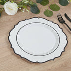10 - Pack Plastic 10" Round Dinner Plates in White with Black Scalloped Rim - Disposable Party Plates - Bell Racket Store