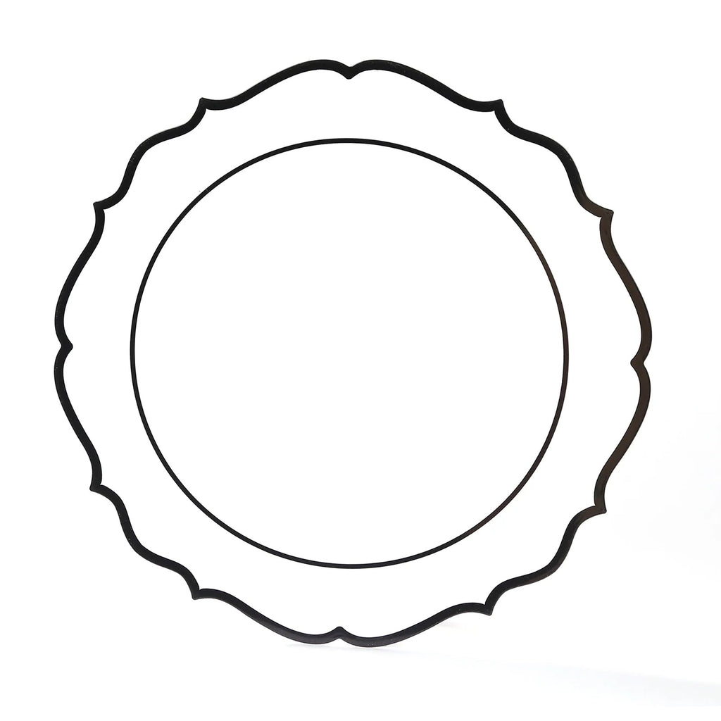 10 - Pack Plastic 10" Round Dinner Plates in White with Black Scalloped Rim - Disposable Party Plates - Bell Racket Store
