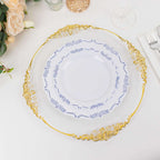 10 - Pack Plastic 10" Round Dinner Plates in White with Blue Vintage Embossed Rim - Sturdy Disposable Scalloped Edge Party Plates - Bell Racket Store
