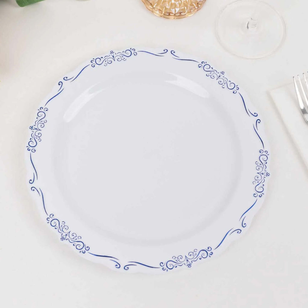 10 - Pack Plastic 10" Round Dinner Plates in White with Blue Vintage Embossed Rim - Sturdy Disposable Scalloped Edge Party Plates - Bell Racket Store