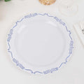 10 - Pack Plastic 10" Round Dinner Plates in White with Blue Vintage Embossed Rim - Sturdy Disposable Scalloped Edge Party Plates - Bell Racket Store