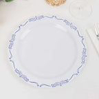 10 - Pack Plastic 10" Round Dinner Plates in White with Blue Vintage Embossed Rim - Sturdy Disposable Scalloped Edge Party Plates - Bell Racket Store